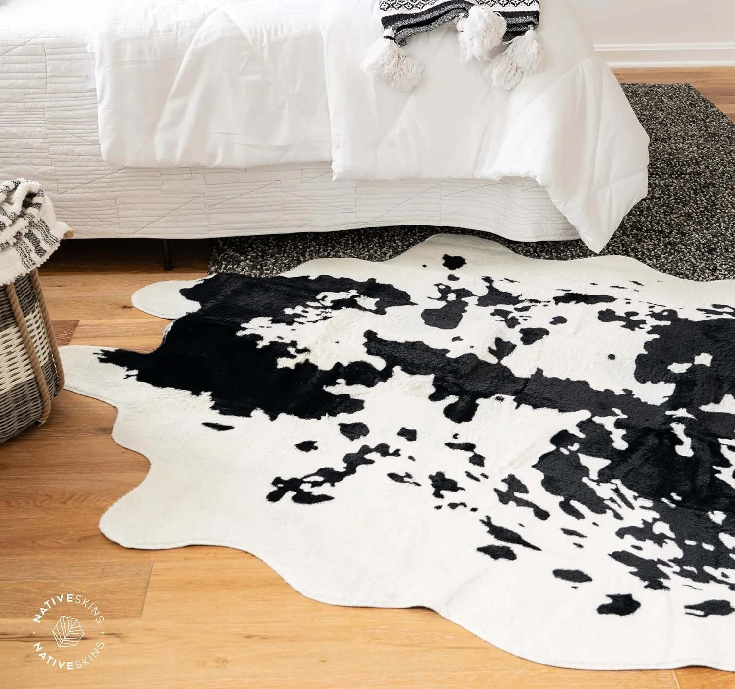 NativeSkins Faux Cowhide Rug – Black and White (Large) | 4.6ft x 6.6ft | Cow Print | Western Bedroom Decor | Hand-Cut, Faux Suede No-Slip Backing | Western Rug | Animal Print | Cow Hide