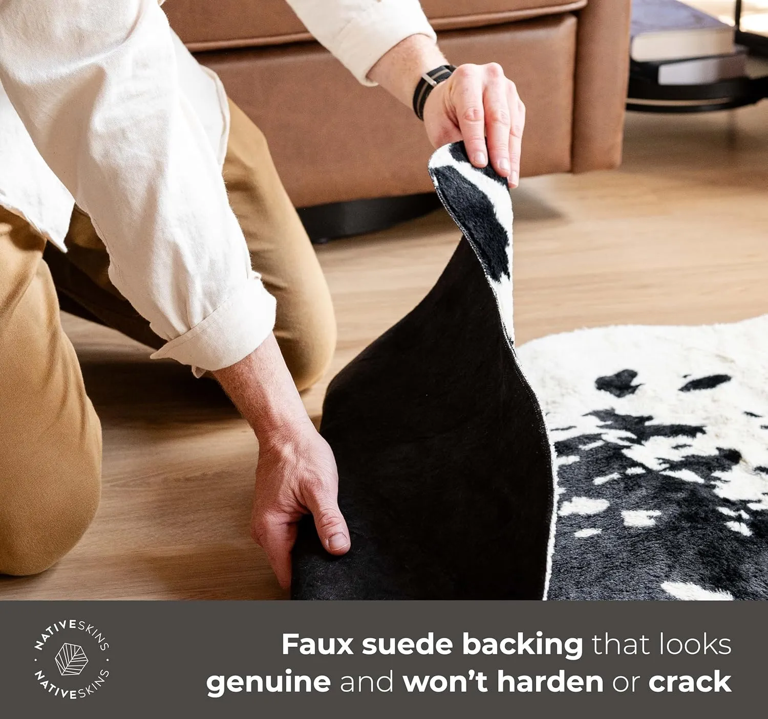 NativeSkins Faux Cowhide Rug – Black and White (Large) | 4.6ft x 6.6ft | Cow Print | Western Bedroom Decor | Hand-Cut, Faux Suede No-Slip Backing | Western Rug | Animal Print | Cow Hide