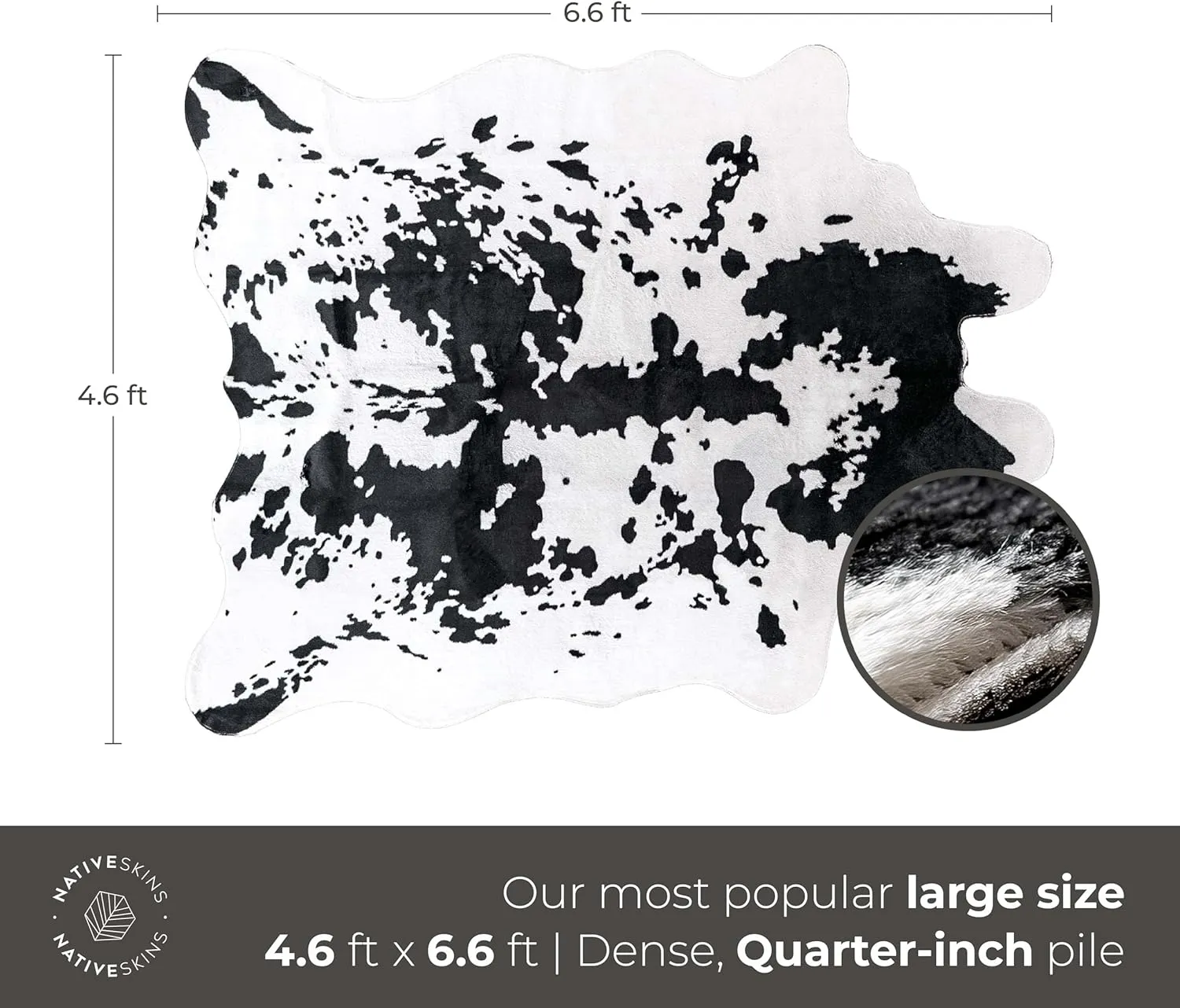 NativeSkins Faux Cowhide Rug – Black and White (Large) | 4.6ft x 6.6ft | Cow Print | Western Bedroom Decor | Hand-Cut, Faux Suede No-Slip Backing | Western Rug | Animal Print | Cow Hide