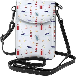 Nautical Lighthouse Sailboat Print Small Crossbody Bags for Women Leather Cell Phone Purses Mini Leather Shoulder Handbag Adjustable Strap