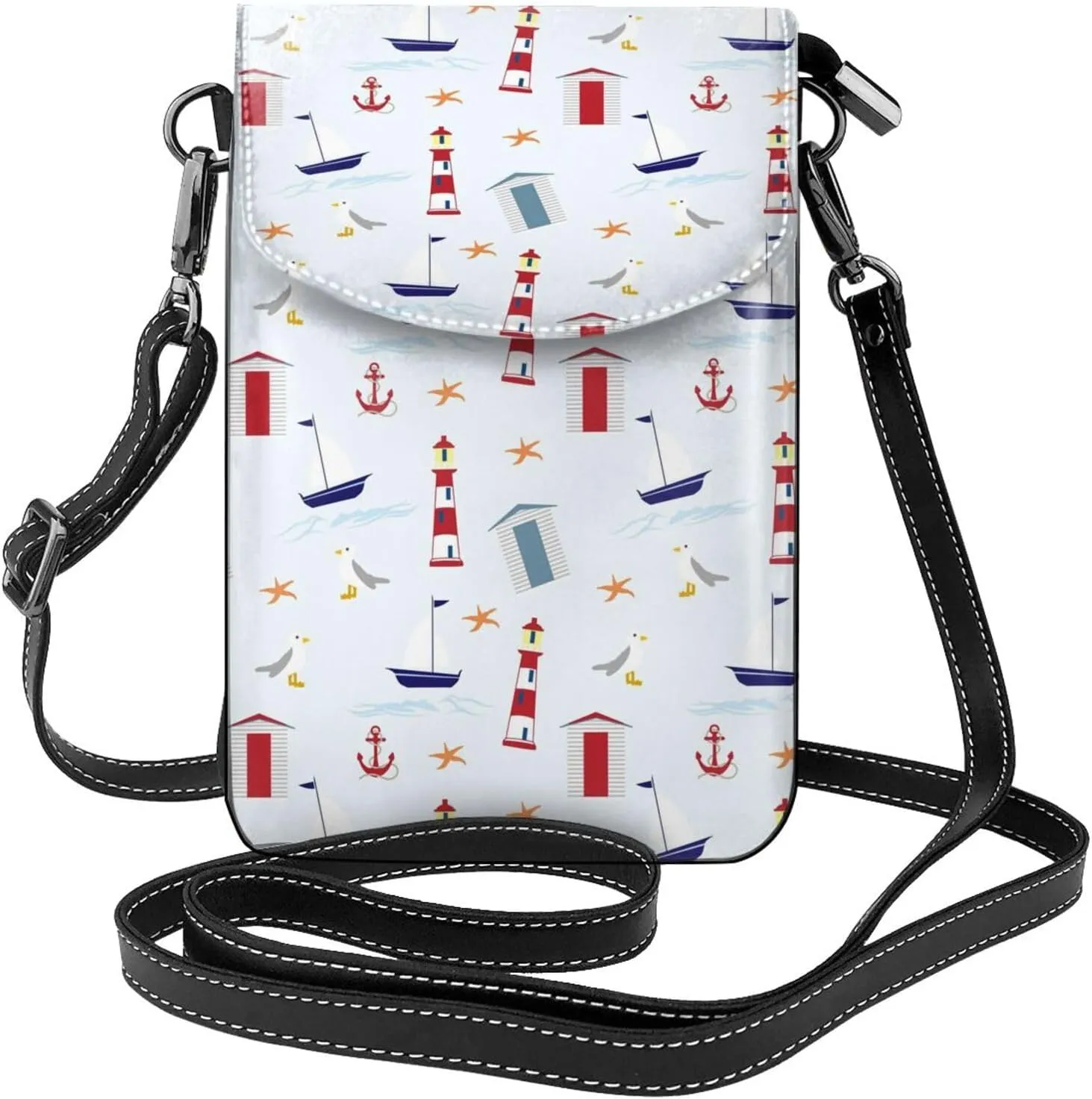 Nautical Lighthouse Sailboat Print Small Crossbody Bags for Women Leather Cell Phone Purses Mini Leather Shoulder Handbag Adjustable Strap