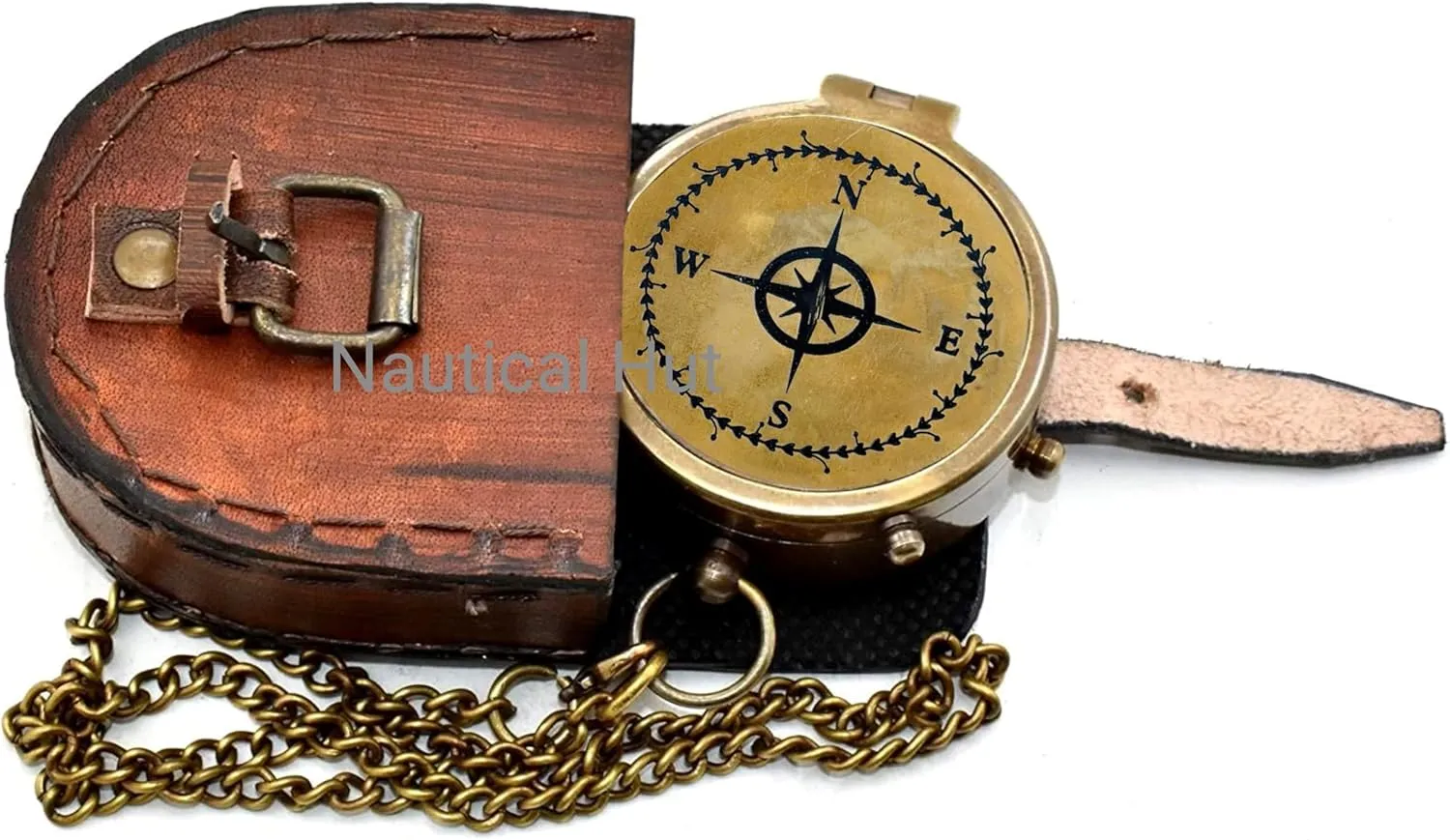 Nautical Star Engraved Design Brass Antique Compass with Leather Case Best Guidance Gift Hiking Compass Camping Compass Directive Compass Working Compass Military Compass Compass
