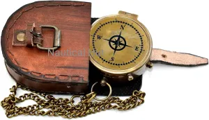 Nautical Star Engraved Design Brass Antique Compass with Leather Case Best Guidance Gift Hiking Compass Camping Compass Directive Compass Working Compass Military Compass Compass