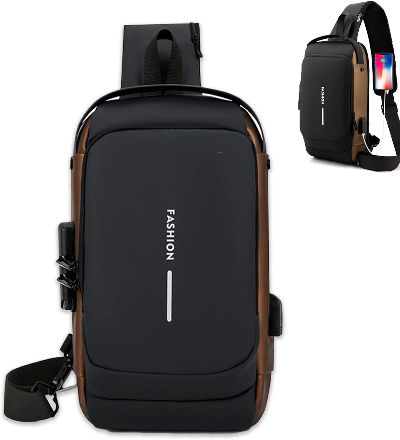 New Carbon Fiber Streamline Anti-Theft Sling Bag, Waterproof USB Charging Sport Sling Shoulder Backpack Crossbody Bag (Black Gold,one size)