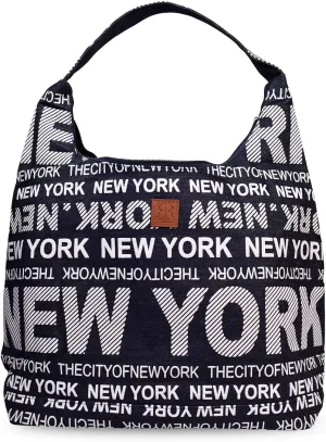 New York City Shoulder Bag - Casual Hobo Bag for Women - Cotton Canvas With Print - Stylish Everyday/Travel Large Pouch With Zipper and Strap