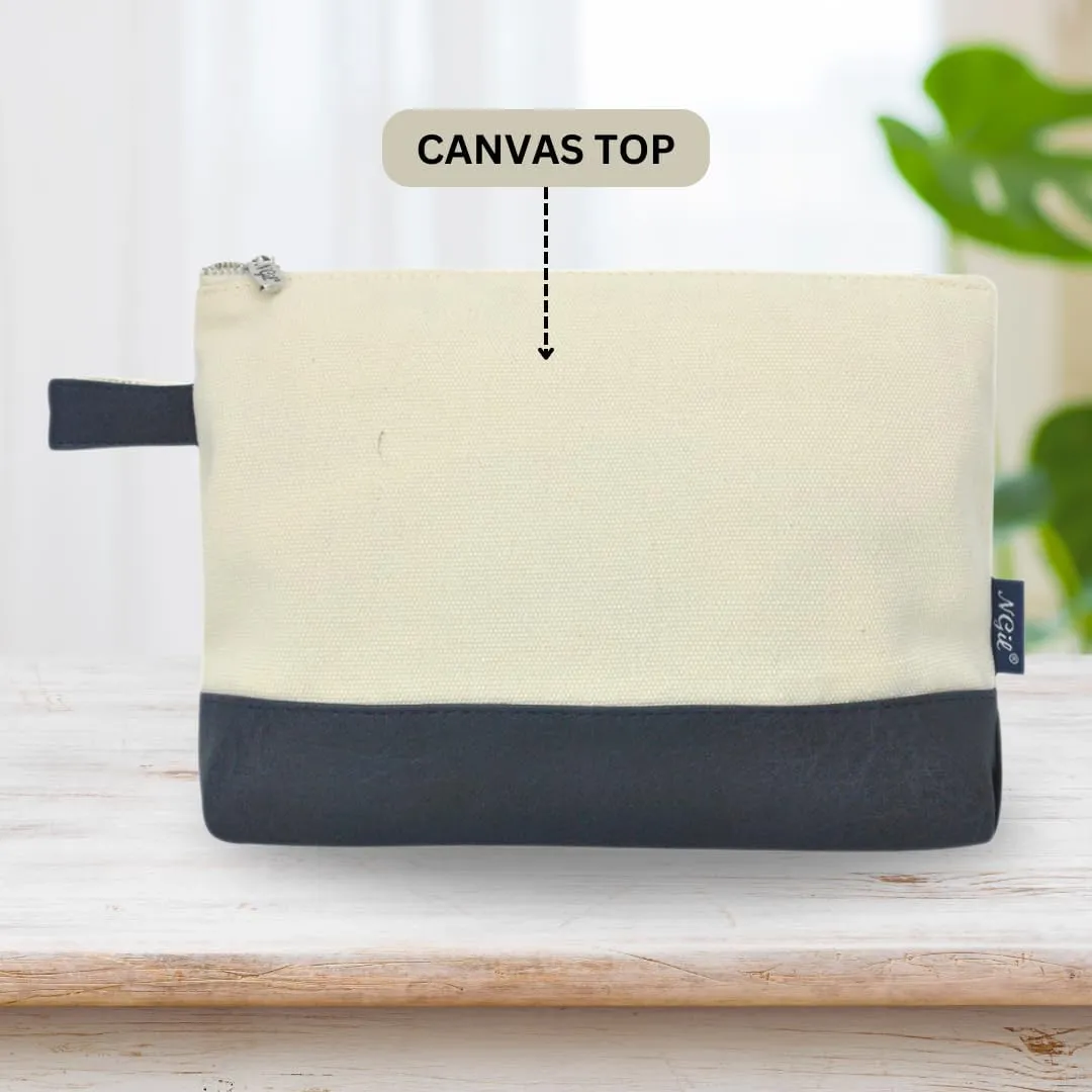 NGIL Jute/Canvas Large Travel DYI Cosmetic Bag Pouch for Women Multipurpose Travel Toiletry Pouch, Personalized Makeup Bag, Best Friend Gift, Bridesmaid Gift Ideas (Navy Faux Leather)