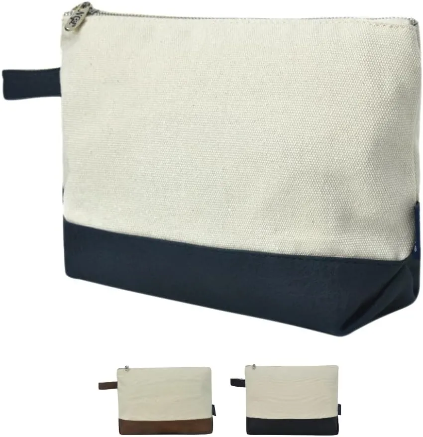 NGIL Jute/Canvas Large Travel DYI Cosmetic Bag Pouch for Women Multipurpose Travel Toiletry Pouch, Personalized Makeup Bag, Best Friend Gift, Bridesmaid Gift Ideas (Navy Faux Leather)
