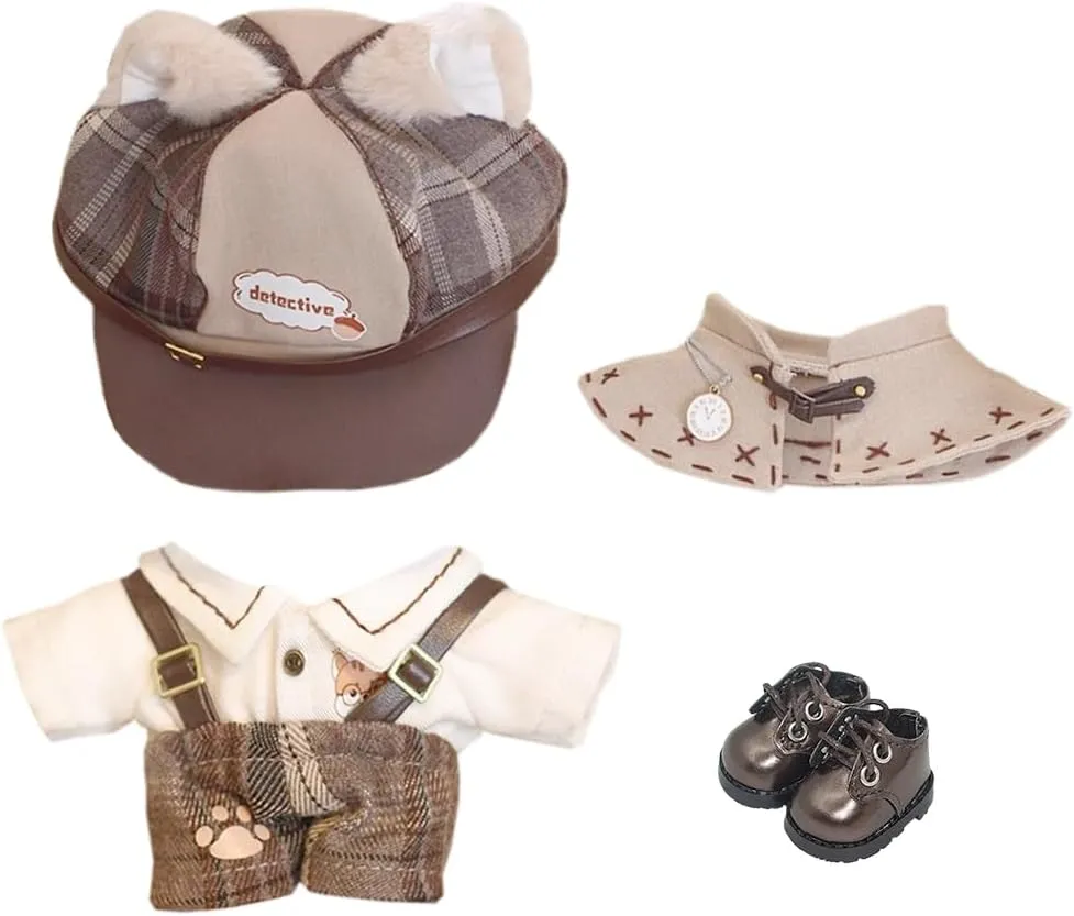 niannyyhouse 10cm 15cm 20cm Doll Clothes Brown Hat Shirt Strap Pants Shawl Vest Leather Shoes Vintage Detective Suit Soft Plush Toy Dress Up (10cm)