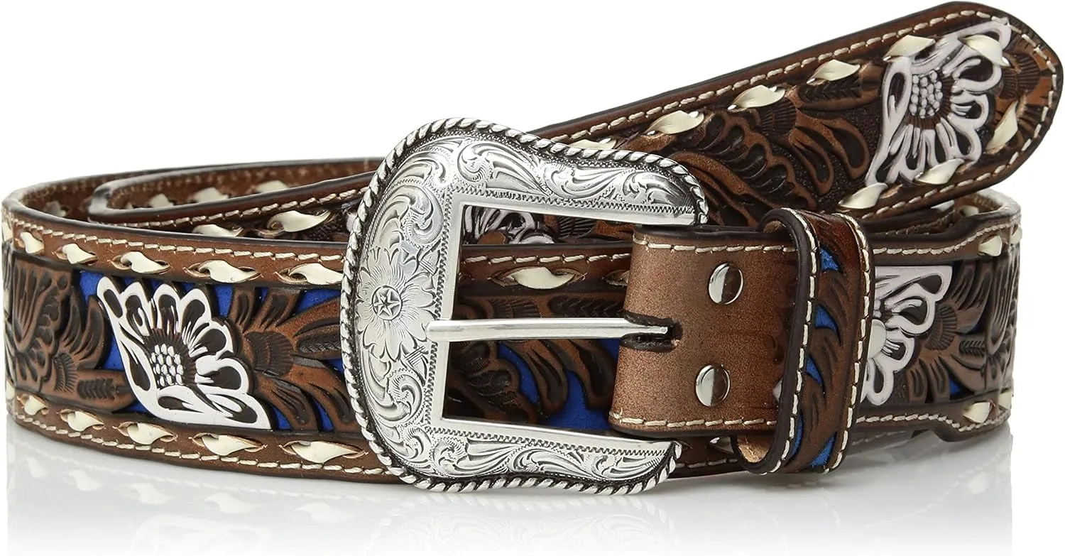 Nocona Belt Co. Unisex-Adult's Nocona Buckstitch Edge Inlay Paited Flower Belt