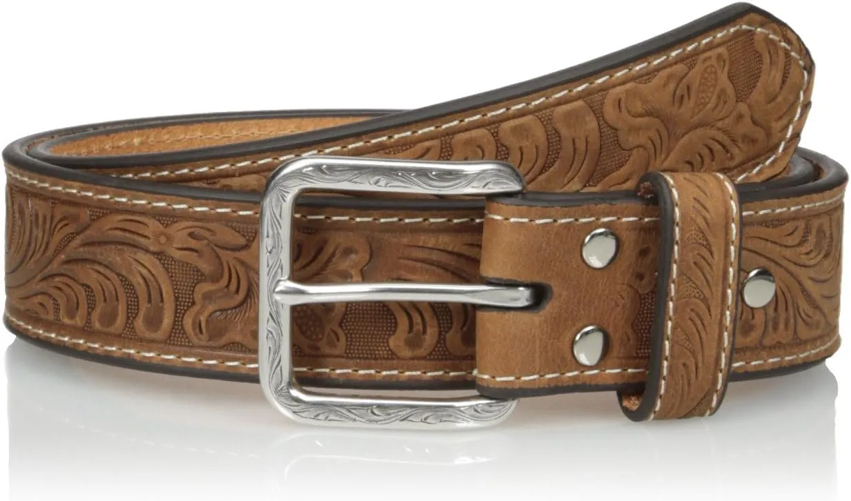 NOCONA Leather Mens Belt Embossed Floral Tooled Engraved Buckle Brown