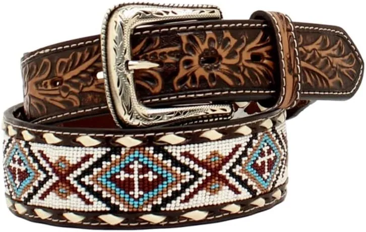Nocona Mens Floral Tabs Beaded Buck Lacing Belt, Size 44, White