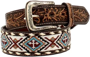 Nocona Mens Floral Tabs Beaded Buck Lacing Belt, Size 44, White