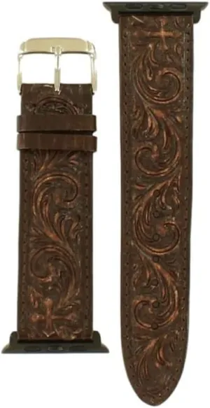 Nocona Western Watch Band Floral Tooled Cross L Brown N3100502