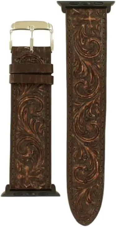 Nocona Western Watch Band Floral Tooled Cross L Brown N3100502