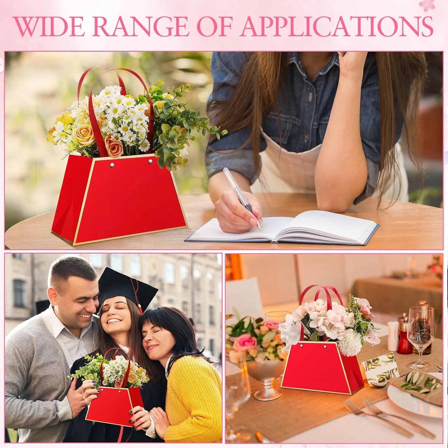 Noveread 24 Pcs Floral Bouquet Bags Bulk Wedding Party Centerpiece Box Decoration Portable Flower Wrapping Paper Gift Box for Arrangement with Handle Florist Supplies for Women Anniversary(Red)