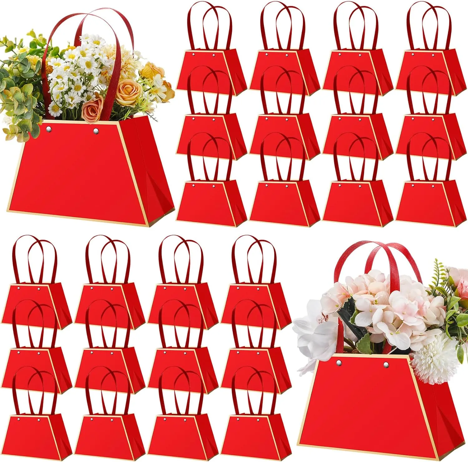 Noveread 24 Pcs Floral Bouquet Bags Bulk Wedding Party Centerpiece Box Decoration Portable Flower Wrapping Paper Gift Box for Arrangement with Handle Florist Supplies for Women Anniversary(Red)