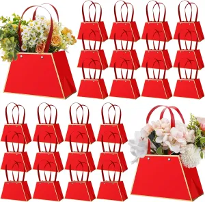 Noveread 24 Pcs Floral Bouquet Bags Bulk Wedding Party Centerpiece Box Decoration Portable Flower Wrapping Paper Gift Box for Arrangement with Handle Florist Supplies for Women Anniversary(Red)