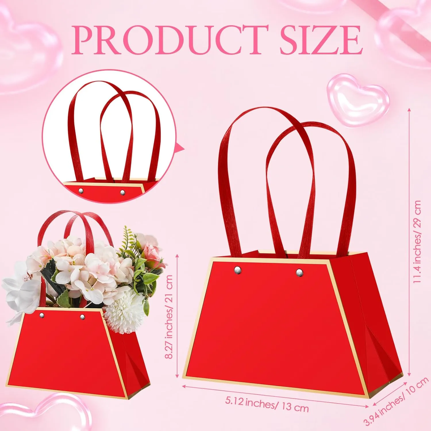 Noveread 24 Pcs Floral Bouquet Bags Bulk Wedding Party Centerpiece Box Decoration Portable Flower Wrapping Paper Gift Box for Arrangement with Handle Florist Supplies for Women Anniversary(Red)
