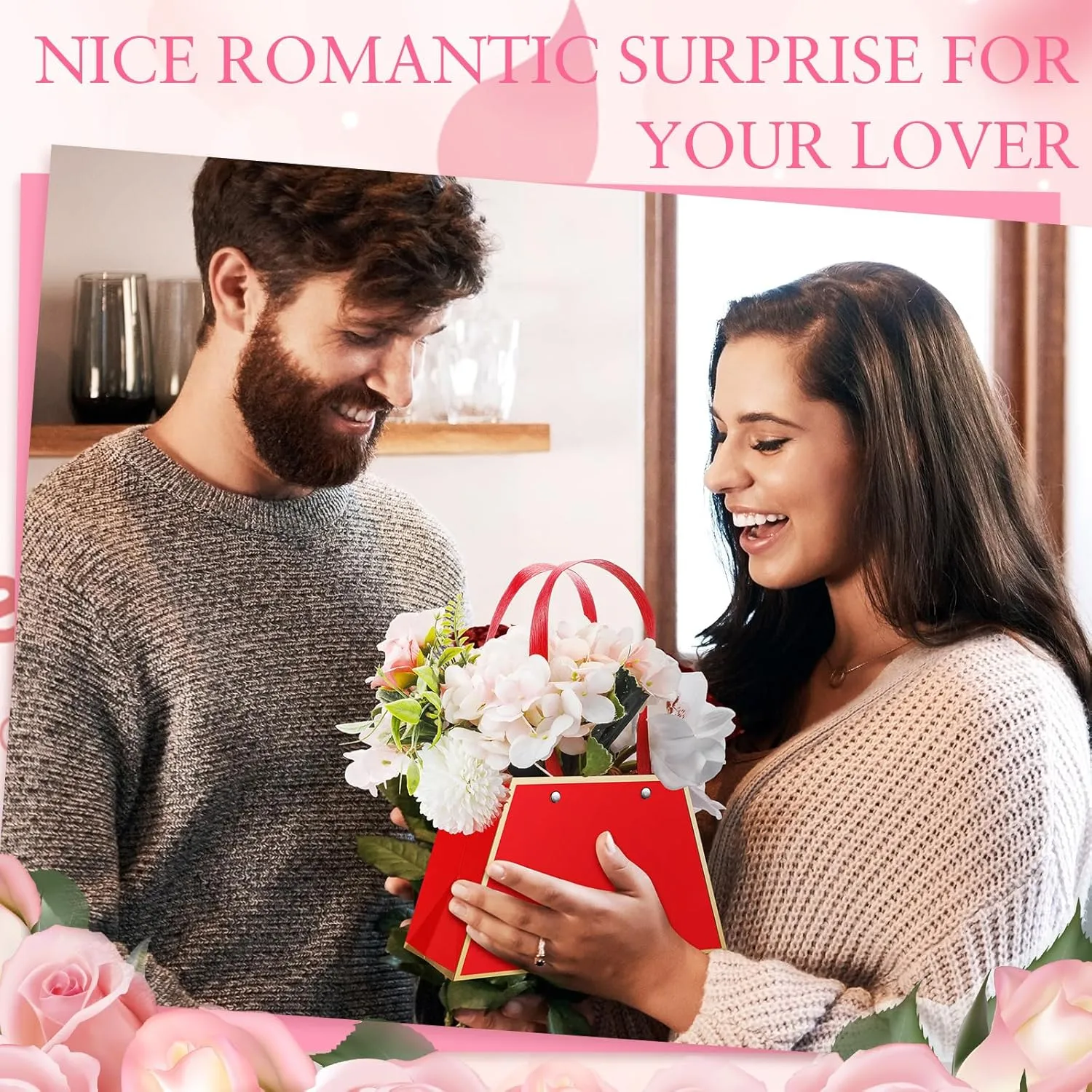 Noveread 24 Pcs Floral Bouquet Bags Bulk Wedding Party Centerpiece Box Decoration Portable Flower Wrapping Paper Gift Box for Arrangement with Handle Florist Supplies for Women Anniversary(Red)
