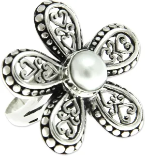 NOVICA Artisan Handmade Cultured Freshwater Pearl Flower Ring Women's Silver Sterling White Cocktail Indonesia Floral Birthstone 'White Plumeria'