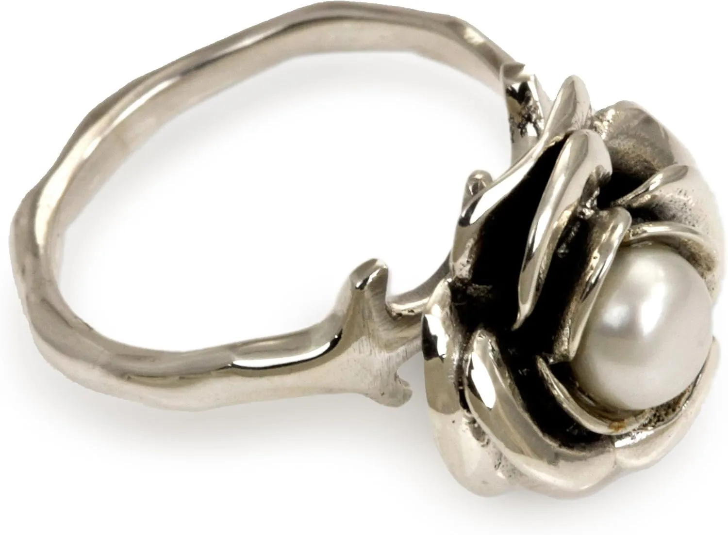 NOVICA Artisan Handmade Pearl Flower Ring Crafted Sterling Silver White Single Stone Indonesia Floral Birthstone Peace [crownbezel 0.4 in H x 0.6 in Diam. Band Width 2 mm W] ' White Rose'