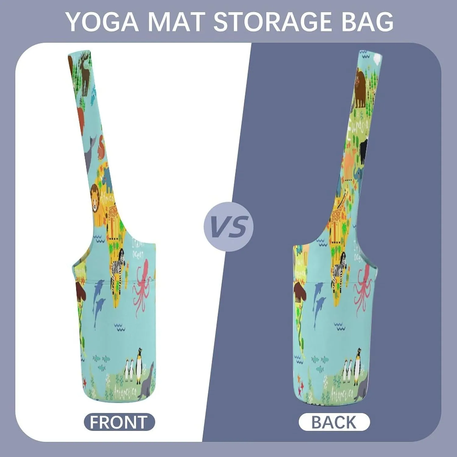Nugier Yoga Mat Bag, Soft Canvas Storage Bag Fashion Mat Bag Pocket Shoulder Strap Clothes Dorm Organizer Print World Map Lots of Animals on Turquoise Background