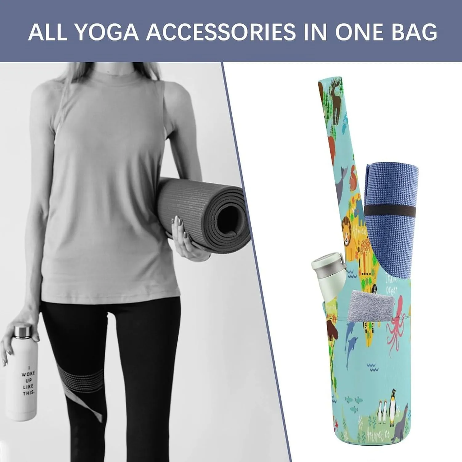 Nugier Yoga Mat Bag, Soft Canvas Storage Bag Fashion Mat Bag Pocket Shoulder Strap Clothes Dorm Organizer Print World Map Lots of Animals on Turquoise Background