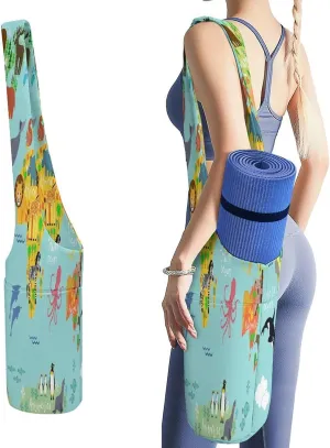 Nugier Yoga Mat Bag, Soft Canvas Storage Bag Fashion Mat Bag Pocket Shoulder Strap Clothes Dorm Organizer Print World Map Lots of Animals on Turquoise Background