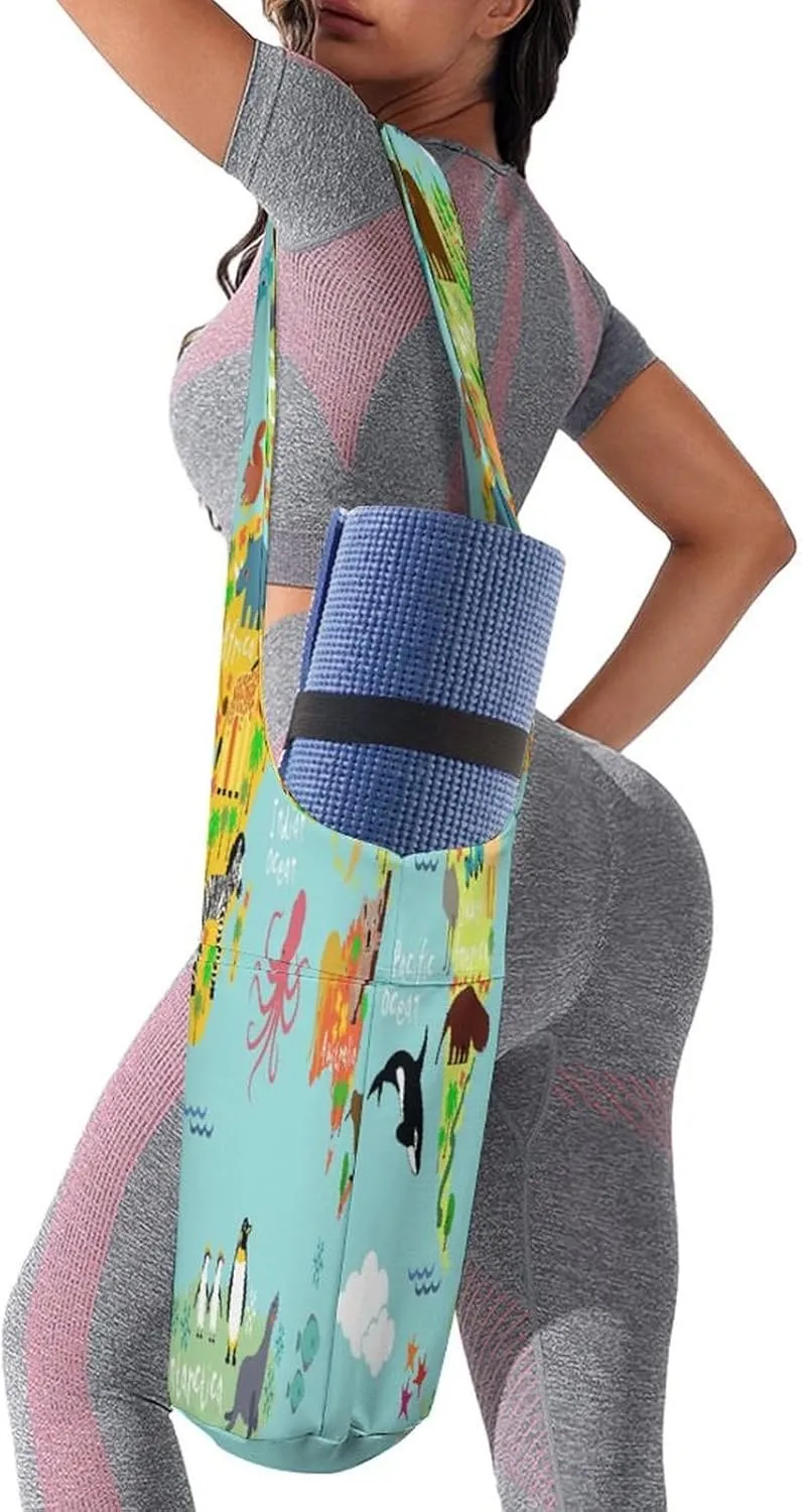 Nugier Yoga Mat Bag, Soft Canvas Storage Bag Fashion Mat Bag Pocket Shoulder Strap Clothes Dorm Organizer Print World Map Lots of Animals on Turquoise Background