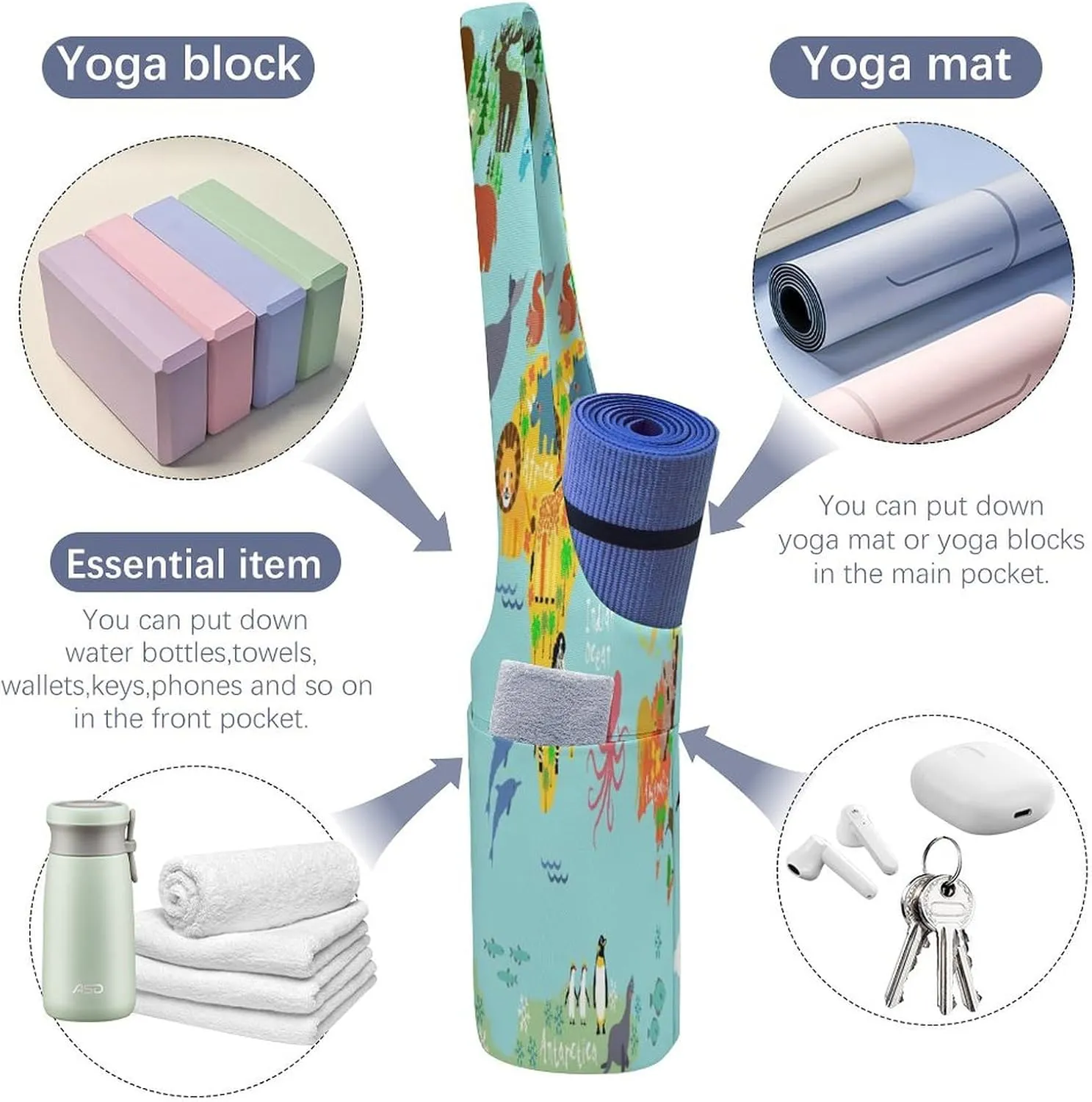 Nugier Yoga Mat Bag, Soft Canvas Storage Bag Fashion Mat Bag Pocket Shoulder Strap Clothes Dorm Organizer Print World Map Lots of Animals on Turquoise Background