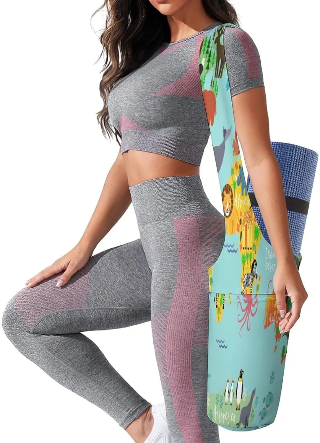 Nugier Yoga Mat Bag, Soft Canvas Storage Bag Fashion Mat Bag Pocket Shoulder Strap Clothes Dorm Organizer Print World Map Lots of Animals on Turquoise Background