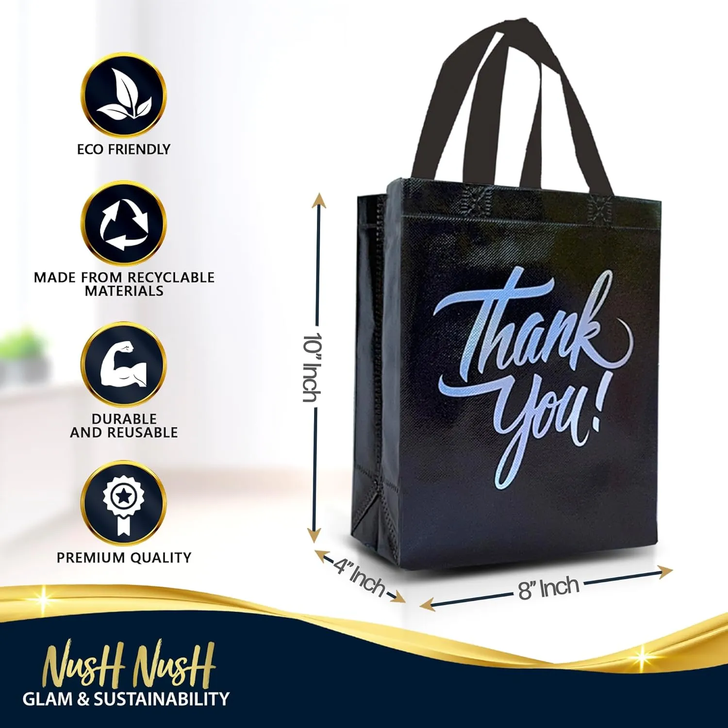 Nush Nush Black Thank You Gift Bags Bulk Medium – Set of 12 Stylish Black Thank You Bags With Iridescent Print - Perfect As Goodie Bags, Birthday Bags, Party Favor Bags – 8W x 4D x 10H Size