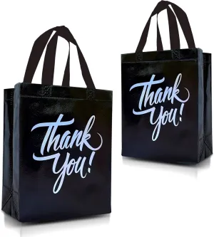 Nush Nush Black Thank You Gift Bags Bulk Medium – Set of 12 Stylish Black Thank You Bags With Iridescent Print - Perfect As Goodie Bags, Birthday Bags, Party Favor Bags – 8W x 4D x 10H Size
