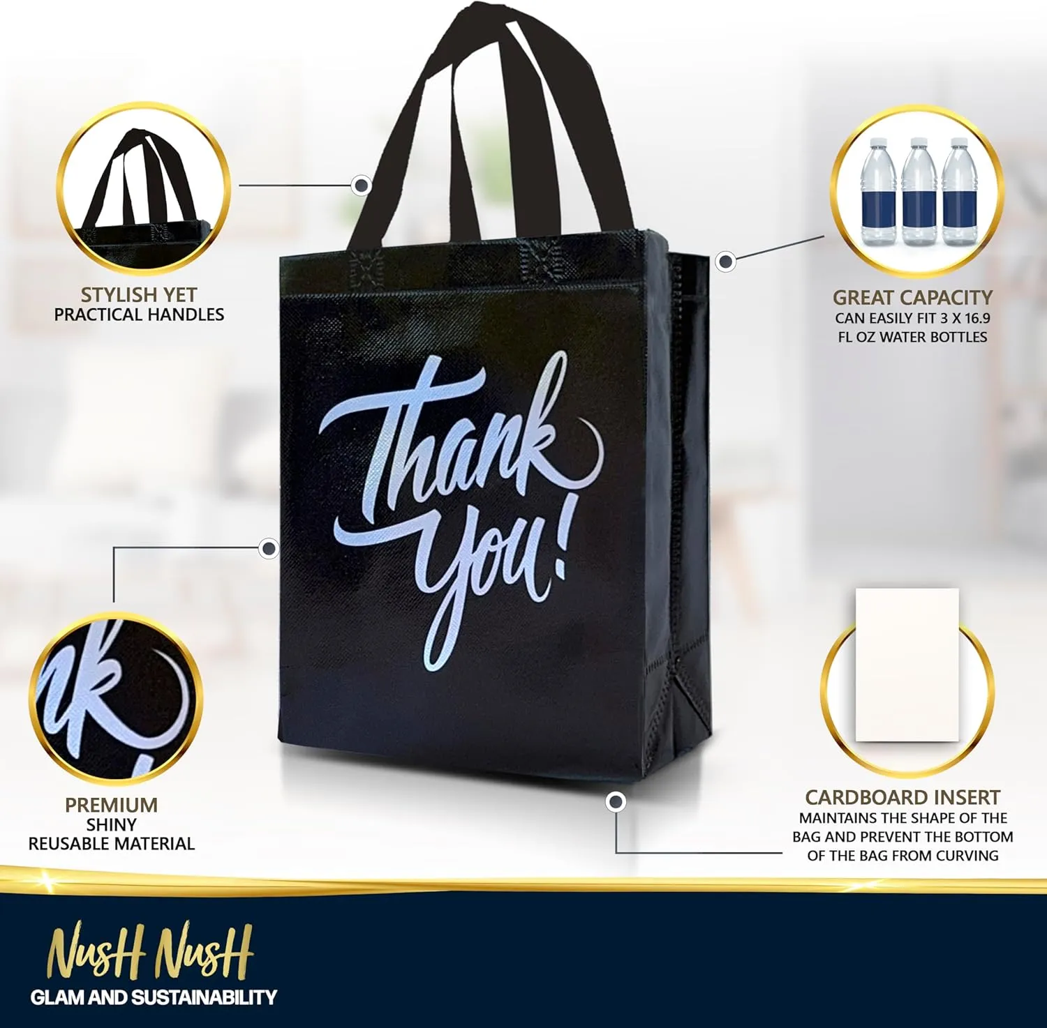 Nush Nush Black Thank You Gift Bags Bulk Medium – Set of 12 Stylish Black Thank You Bags With Iridescent Print - Perfect As Goodie Bags, Birthday Bags, Party Favor Bags – 8W x 4D x 10H Size