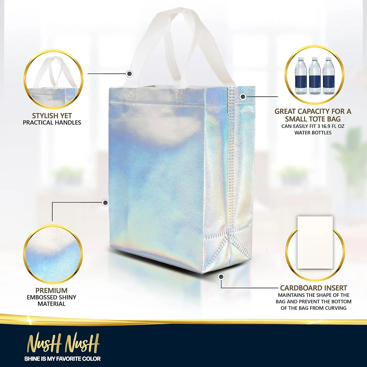 Nush Nush Set of 30 Iridescent Gift Bags in Bulk - Holographic Reusable Gift Bags Medium Size - Goodie Bags, Birthday Gift Bags With Handles, Party Favor Bags, Goody Bags, Return Gift Bags - 8Wx4Dx10H