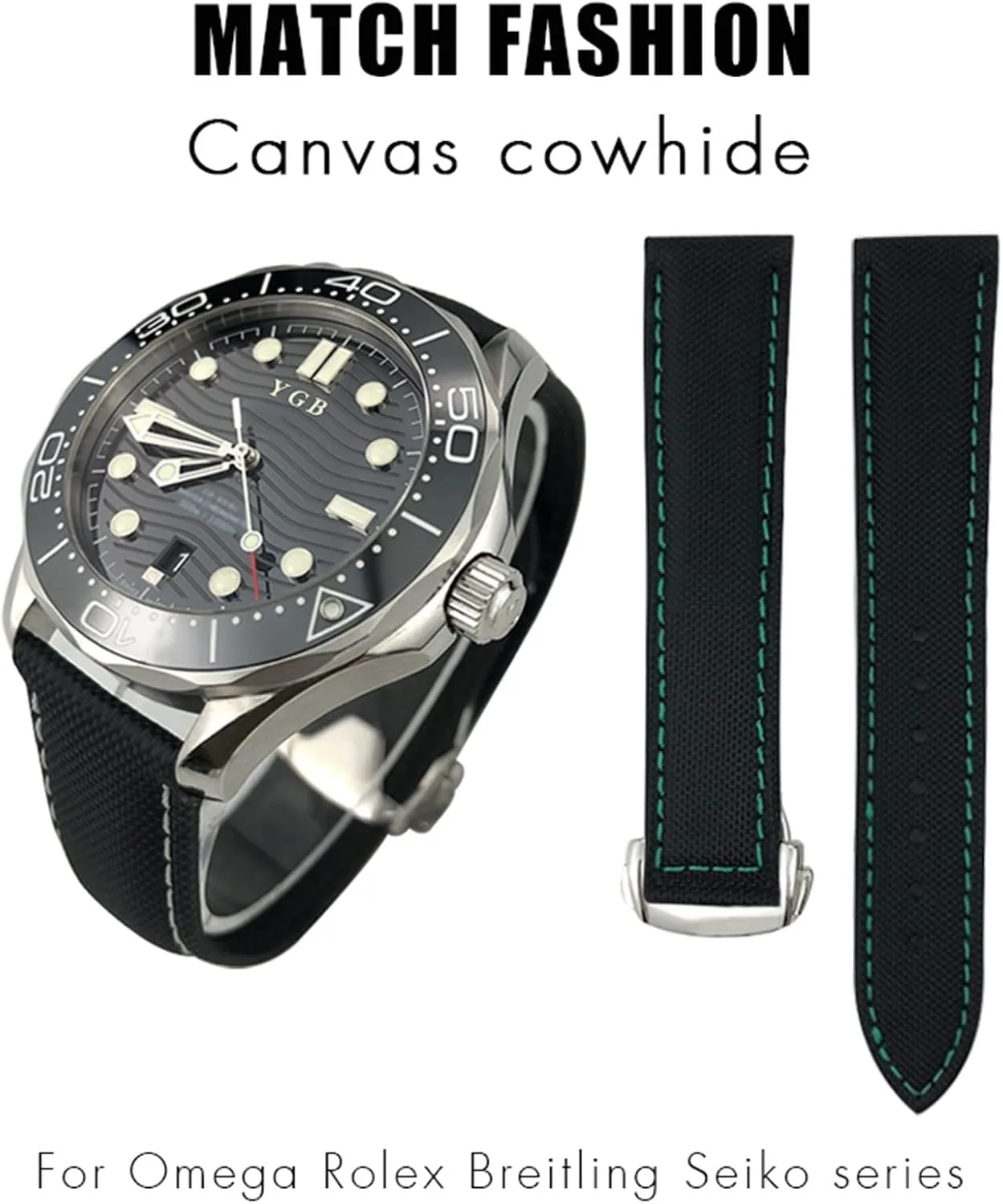 Nylon Canvas Watchband 19mm 20mm 21mm 22mm for Rolex Watch Strap (Color : Black Green, Size : 19MM)