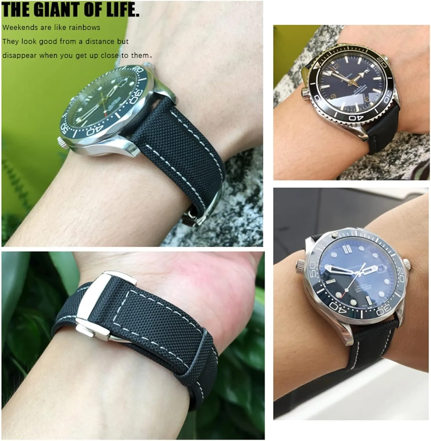 Nylon Canvas Watchband 19mm 20mm 21mm 22mm for Rolex Watch Strap (Color : Black Green, Size : 19MM)