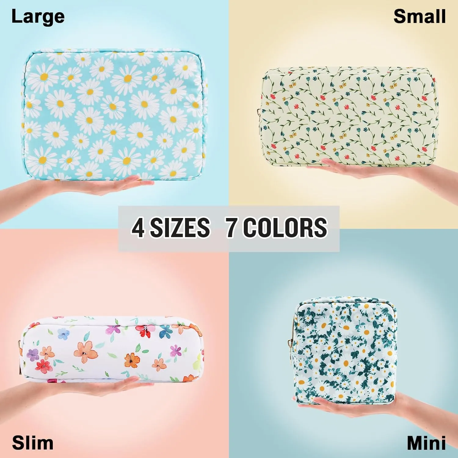 Nylon Small Floral Makeup Bag for Purse, Cute Preppy Travel Makeup Bag Flower Cosmetic Zipper Pouch Purse, Waterproof Portable Toiletry Makeup Brush Bag Clutch Organizer Storage for Women(Blue-Daisy)