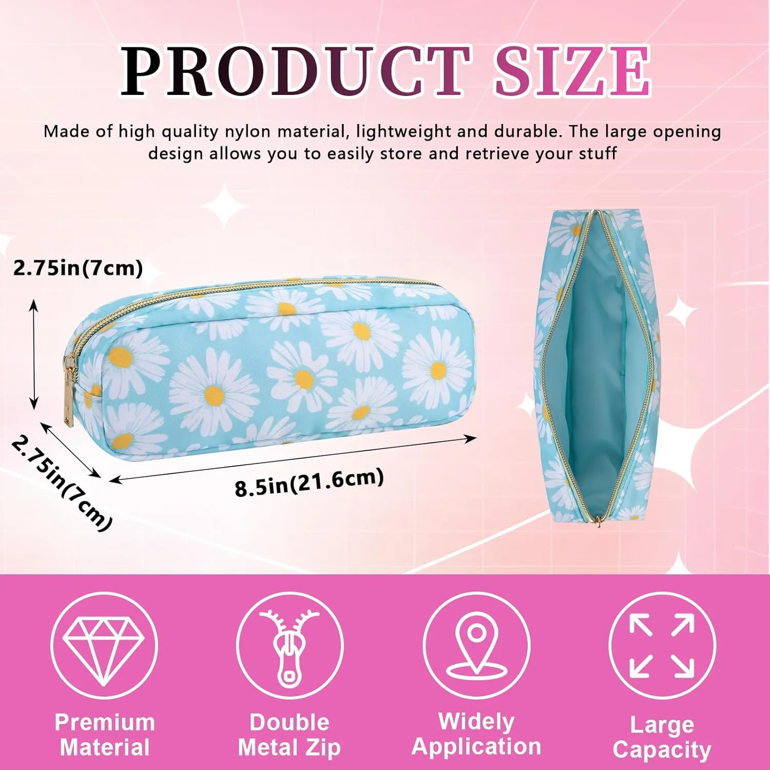 Nylon Small Makeup Bag Slim Pouch, Cute Floral Preppy Makeup Brush Bag Portable Make up Pouch with Zipper, Waterproof Travel Toiletry Bag Coin Purse Storage Organizer for Women Girls(Blue Daisy)