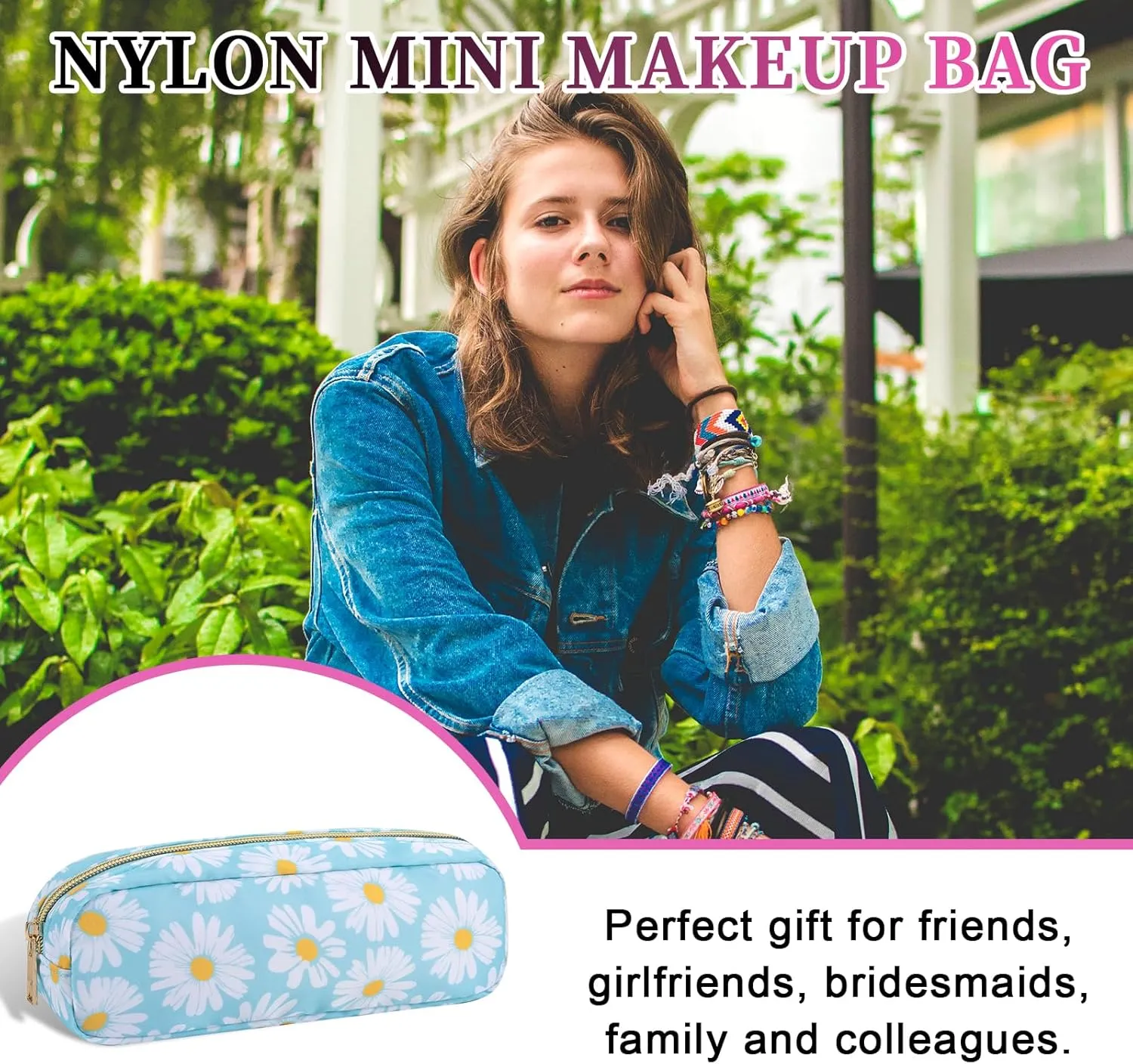 Nylon Small Makeup Bag Slim Pouch, Cute Floral Preppy Makeup Brush Bag Portable Make up Pouch with Zipper, Waterproof Travel Toiletry Bag Coin Purse Storage Organizer for Women Girls(Blue Daisy)
