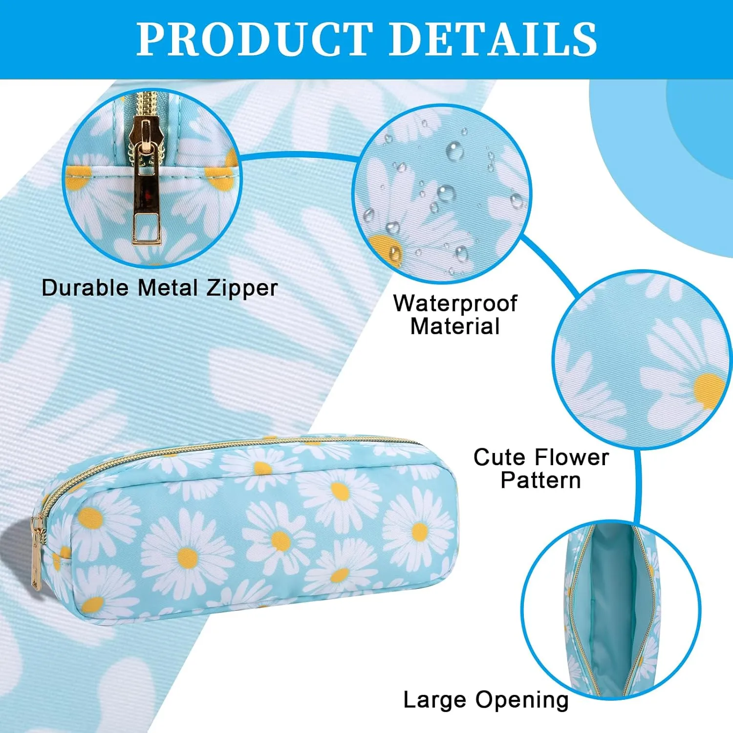 Nylon Small Makeup Bag Slim Pouch, Cute Floral Preppy Makeup Brush Bag Portable Make up Pouch with Zipper, Waterproof Travel Toiletry Bag Coin Purse Storage Organizer for Women Girls(Blue Daisy)