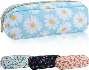 Nylon Small Makeup Bag Slim Pouch, Cute Floral Preppy Makeup Brush Bag Portable Make up Pouch with Zipper, Waterproof Travel Toiletry Bag Coin Purse Storage Organizer for Women Girls(Blue Daisy)