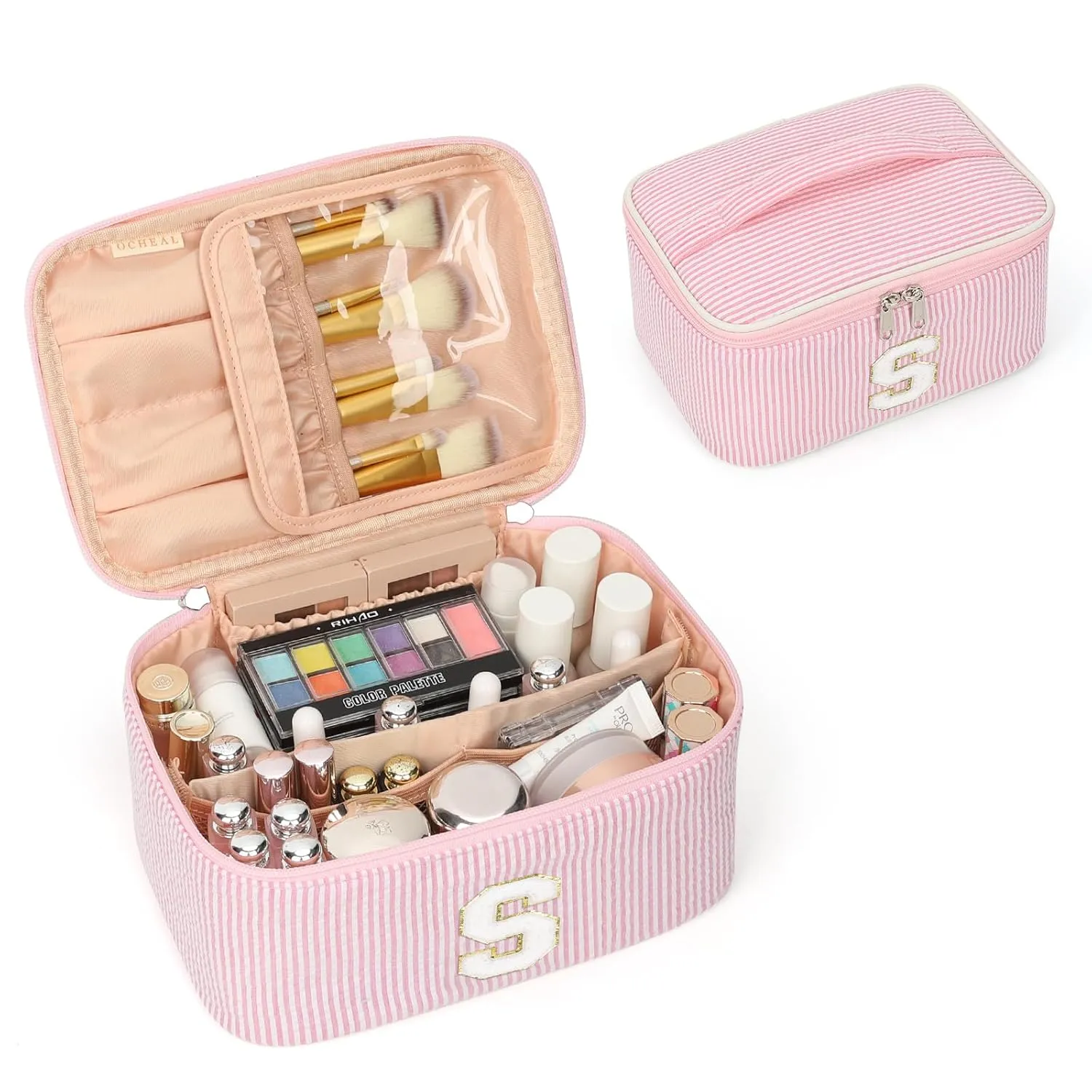 OCHEAL Personalized Makeup Bag for Women Monogram Travel Cosmetic Bag with Brush Holder and Divider, Pink Makeup Organizer Pouch Gift for Her Girls Bridesmaid, Sister, Wife, Friends Initial S