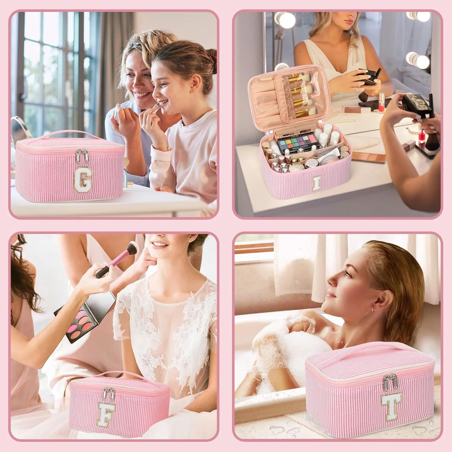 OCHEAL Personalized Makeup Bag for Women Monogram Travel Cosmetic Bag with Brush Holder and Divider, Pink Makeup Organizer Pouch Gift for Her Girls Bridesmaid, Sister, Wife, Friends Initial S