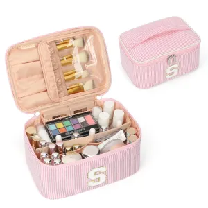 OCHEAL Personalized Makeup Bag for Women Monogram Travel Cosmetic Bag with Brush Holder and Divider, Pink Makeup Organizer Pouch Gift for Her Girls Bridesmaid, Sister, Wife, Friends Initial S