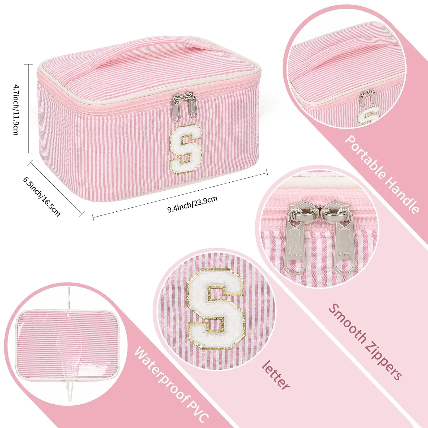 OCHEAL Personalized Makeup Bag for Women Monogram Travel Cosmetic Bag with Brush Holder and Divider, Pink Makeup Organizer Pouch Gift for Her Girls Bridesmaid, Sister, Wife, Friends Initial S