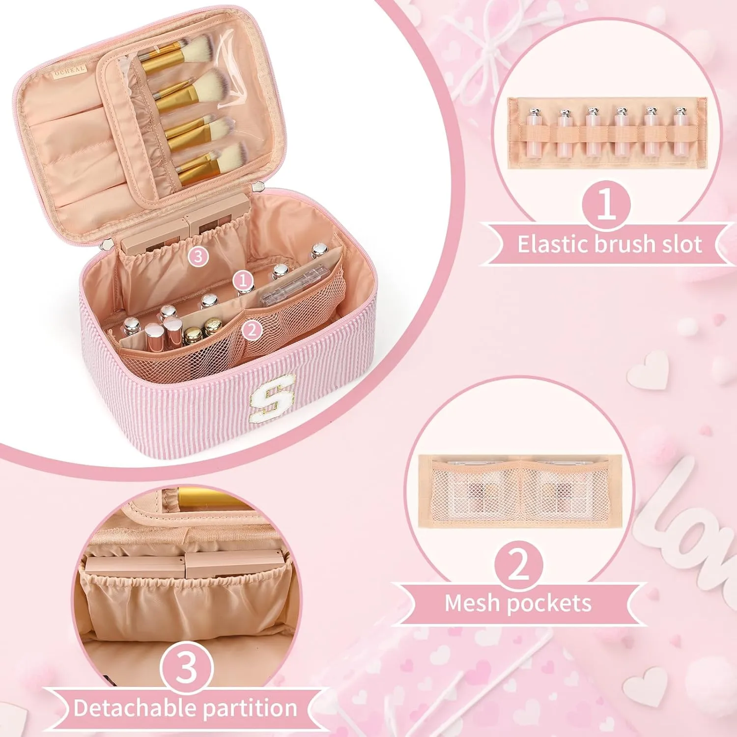 OCHEAL Personalized Makeup Bag for Women Monogram Travel Cosmetic Bag with Brush Holder and Divider, Pink Makeup Organizer Pouch Gift for Her Girls Bridesmaid, Sister, Wife, Friends Initial S
