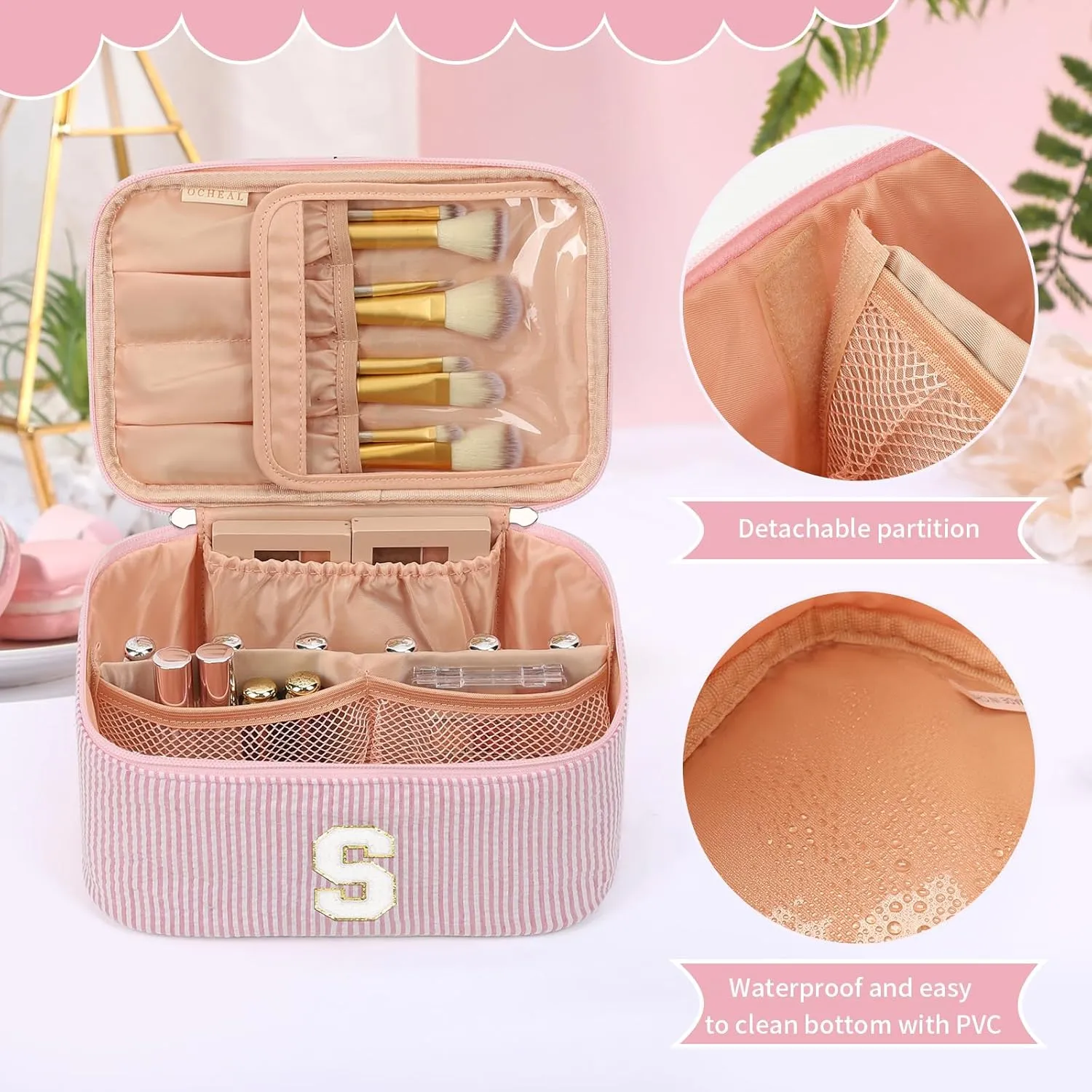 OCHEAL Personalized Makeup Bag for Women Monogram Travel Cosmetic Bag with Brush Holder and Divider, Pink Makeup Organizer Pouch Gift for Her Girls Bridesmaid, Sister, Wife, Friends Initial S