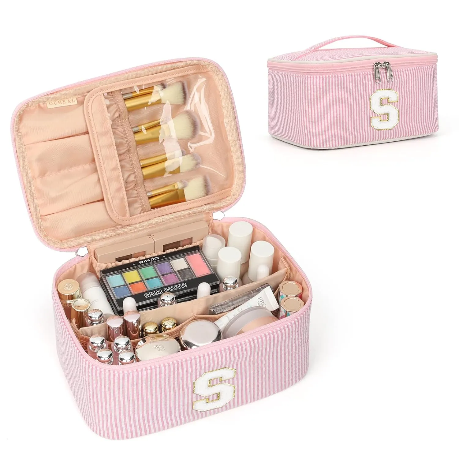 OCHEAL Personalized Makeup Bag for Women Monogram Travel Cosmetic Bag with Brush Holder and Divider, Pink Makeup Organizer Pouch Gift for Her Girls Bridesmaid, Sister, Wife, Friends Initial S