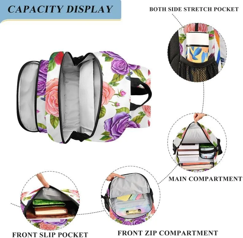 ODAWA Floral Colorful Roses Bagpacks Primary Middle School Book Bags Kids Backpack Ages 6-12, 17 Inch